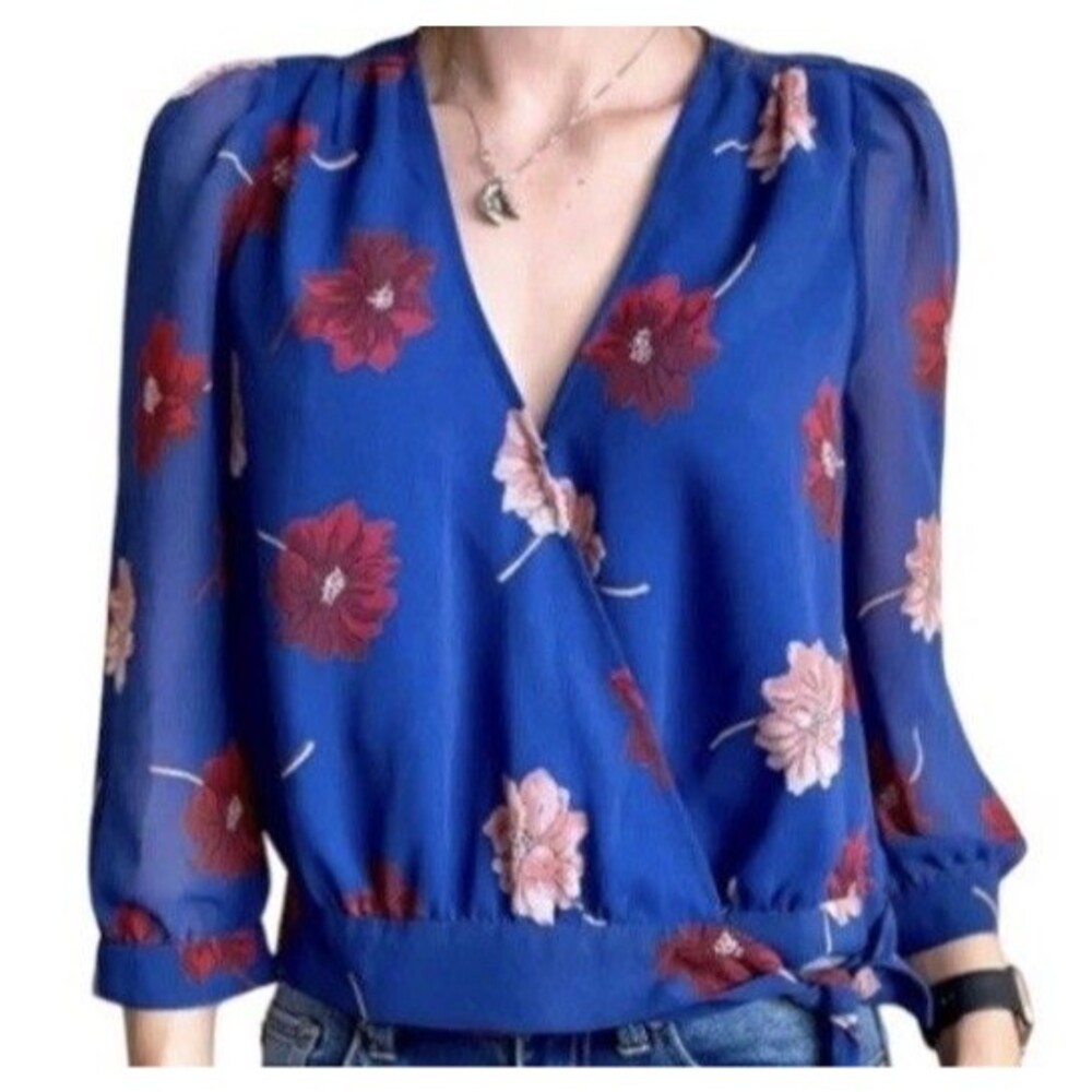 Madewell Size M Effie Royal Blue Floral Wrap Blouse